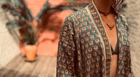 Kimono en voile de coton, block Print, Neela